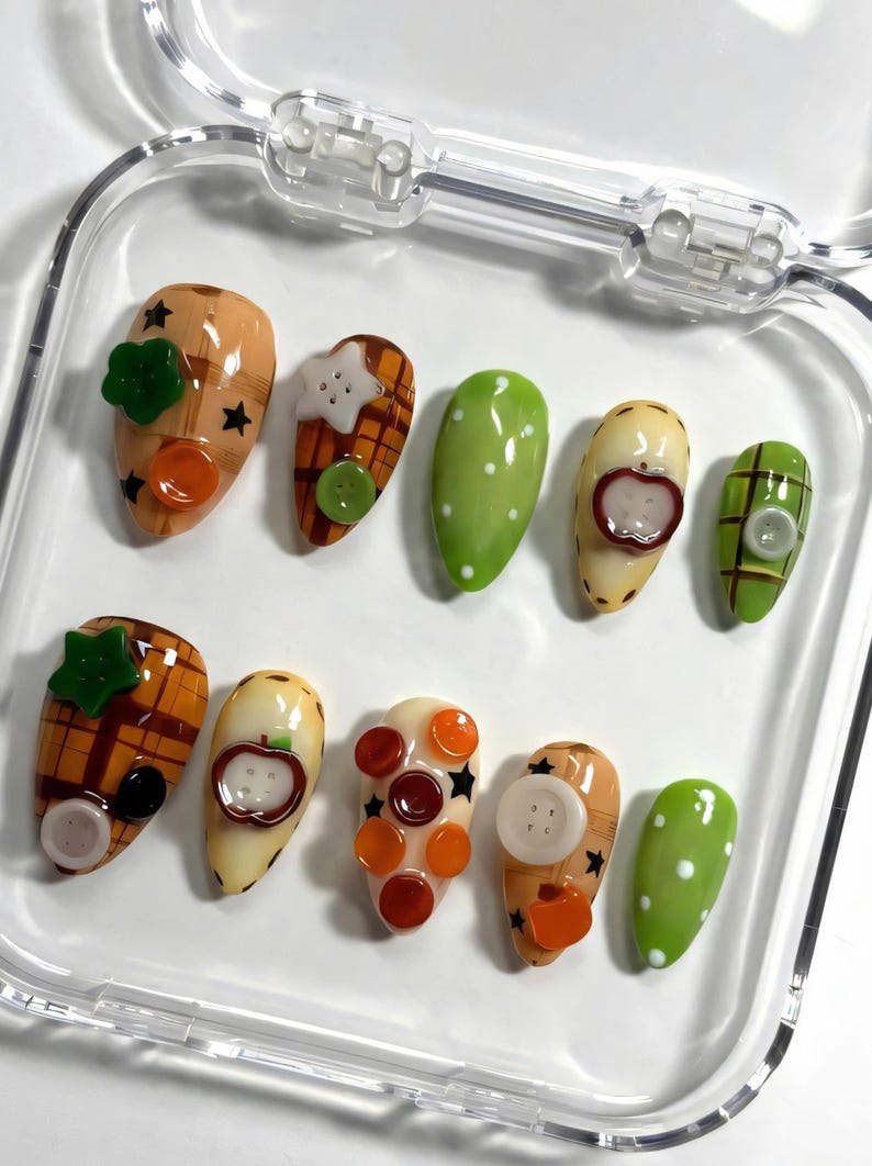 Autumn Patchwork Press on Nails: 3D Apple Buttons and Cozy Fall Plaid ...