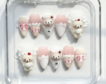 Kawaii Bear Strawberry Press On Nails: Whipped Cream Charms and Pink Cherry Art
