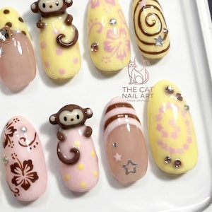Y2K Retro Tropical Press On Nails: 3D Monkey and Brown Hibiscus Flower | Vacation Nails image 4