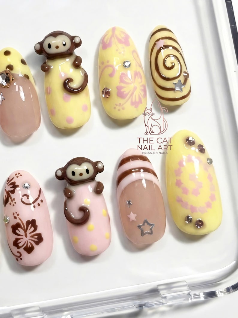 Y2K Retro Tropical Press On Nails: 3D Monkey and Brown Hibiscus Flower | Vacation Nails image 4