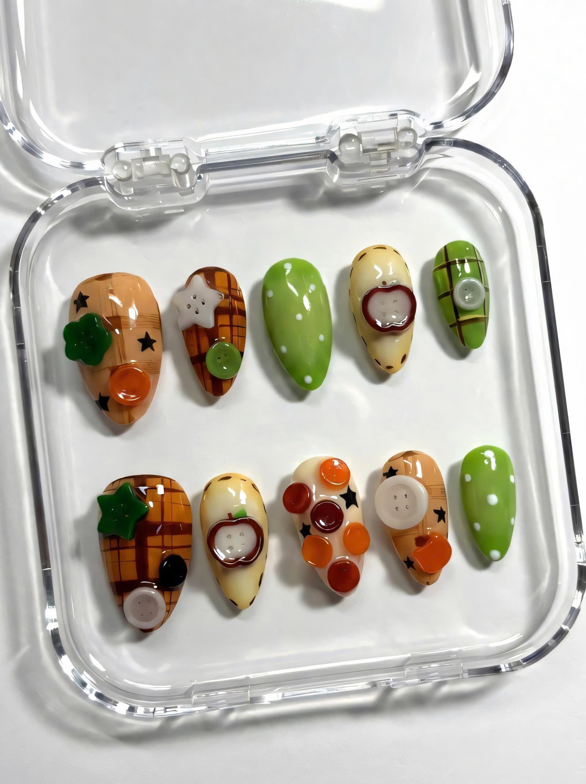 Autumn Patchwork Press on Nails: 3D Apple Buttons and Cozy Fall Plaid ...