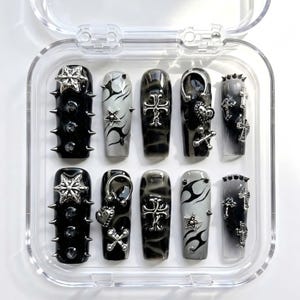 Gothic Black Silver 3D Press On Nails | Punk Spikes Cross Set | Edgy Chrome Nails