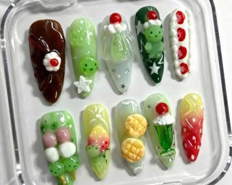 Unhas Postiças Verdes Inspiradas em Personagens Kawaii | Unhas Postiças 3D Verdes