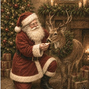 May include: A digital illustration of Santa Claus with a white beard and red suit kneeling to feed a slice of apple to a deer wearing a pine wreath. The scene includes a lit Christmas tree, wrapped gifts, and a fireplace in the background.