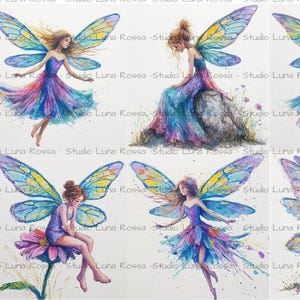 May include: Watercolor illustrations of fairies with colorful wings and dresses. Each fairy is depicted in a different pose, with varying hairstyles and expressions. The artwork features a soft, dreamy aesthetic.