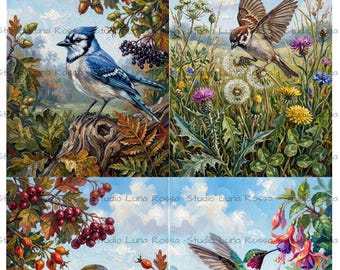 Birds Rice Paper A4 for Decoupage, Floral Hummingbird Decoupage Paper, Vintage Blue Jay Scrapbook Sheet, Botanical Mixed Media Art