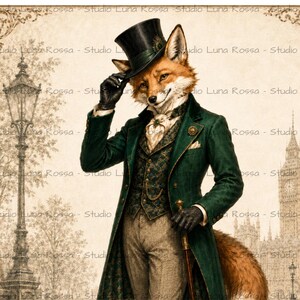 May include: An anthropomorphic fox dressed in a Victorian-style ensemble featuring a dark green tailcoat, a patterned vest, a white cravat, and a top hat. The fox wears black gloves, holds a walking cane, and stands against a sepia-toned London backdrop.