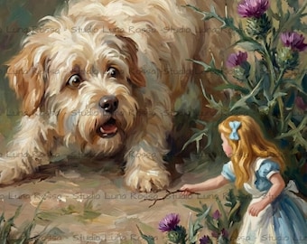 Alice and the Giant Puppy Rice Paper A4, Alice in Wonderland Decoupage Paper, Literary Fantasy Dog Art, Storybook Junk Journal Supply