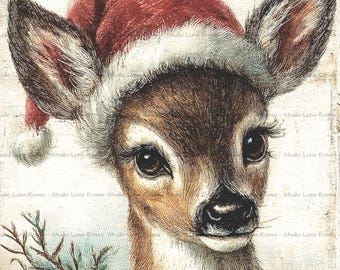 Christmas Baby Deer Rice Paper A4, Whimsical Fawn Decoupage Paper, Vintage Woodland Holiday Animal Art, Shabby Chic Winter Craft Supply