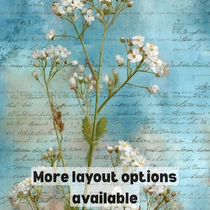 White Wildflower Decoupage Rice Paper A4, Teal Blue Botanical Mulberry Paper, Vintage Journal Floral Craft Paper, Antique Script VW04