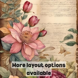 Vintage Letter Rose Flower Decoupage Rice Paper A4, Antique Handwritten Script Floral Mulberry Paper, Romantic Pink Bloom Craft Paper VR10