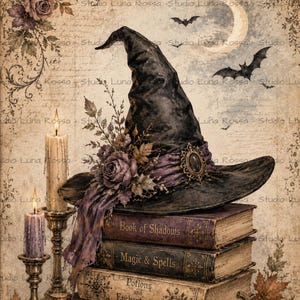 May include: A black witch hat with a purple floral band sits atop a stack of four vintage books titled Book of Shadows, Magic & Spells, Potions and Enchantments, and Herbology, alongside two lit candles, a bottle labeled Witch's Brew, and two pumpkins.