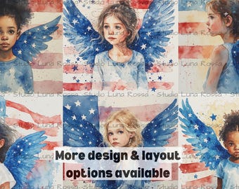 Patriotic Angel Children Rice Paper A4, Americana Decoupage Paper, Vintage Watercolor Kids with Flag Wings, Red White Blue Craft Paper