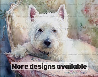 Westie Dog Rice Paper A4, West Highland Terrier Decoupage Paper, Vintage Floral Armchair Craft Sheet, Shabby Chic Watercolor White Puppy
