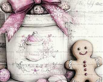 Pink Christmas Gingerbread Rice Paper A4, Mason Jar Holiday Decoupage Sheet, Shabby Chic Baking Craft Paper, Vintage Winter Junk Journal