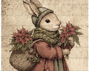 Vintage Christmas Bunny Rice Paper A4, Rabbit & Poinsettia Decoupage Sheet, Shabby Chic Winter Animal Junk Journal Supply, Primitive Style