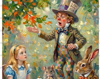 Mad Hatter Tea Party Rice Paper A4, Alice in Wonderland Decoupage Paper, Vintage Literary Art, Junk Journal Craft Supply