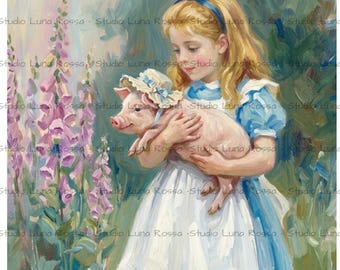 Alice Holding Piglet Rice Paper A4, Alice in Wonderland Decoupage Paper, Whimsical Storybook Art, Nursery Decor Supply