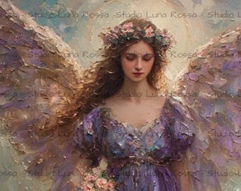 Purple Angel Decoupage Rice Paper A4, Violet Floral Angel Mulberry Paper, Celestial Angel Craft Paper, Religious Angel Decoupage SP01