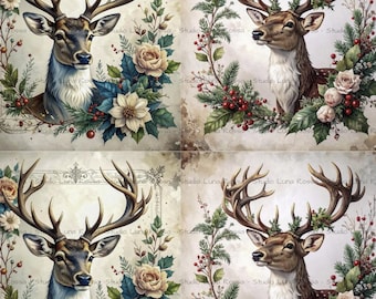 Vintage Christmas Stag Rice Paper A4, 6 Panel Deer Decoupage Sheet, Winter Wreath Holiday Craft Paper, Floral Ornament Tag Supply