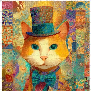 May include: A digital illustration of an orange and white cat wearing a blue patterned top hat and a matching blue bow tie. The cat is set against a vibrant, multi-colored background composed of various intricate geometric and floral patterns.