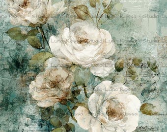 May include: An artistic print featuring white roses with green leaves against a teal and beige background. The background includes script and musical notes. The words "Studio Luna Rossa" are visible.