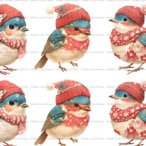 May include: A digital illustration featuring six small birds arranged in two rows. Each bird wears a red knit hat with a pom-pom and a matching red scarf. The birds have blue and white feathers, with some displaying floral patterns on their chests.
