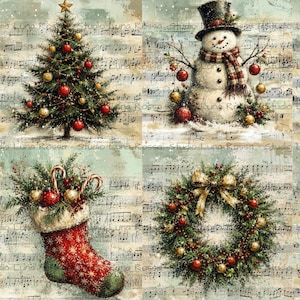 May include: A digital collage featuring six Christmas illustrations set against a vintage musical score background. The images include a decorated pine tree, a snowman in a top hat, a gingerbread house, a filled stocking, a wreath, and two bells.