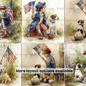 Papel de arroz vintage americano tamaño A4, papel de decoupage patriótico con niño y perro, arte popular nostálgico, material para manualidades con banderas de estilo antiguo, Cuatro de Julio imagen 1