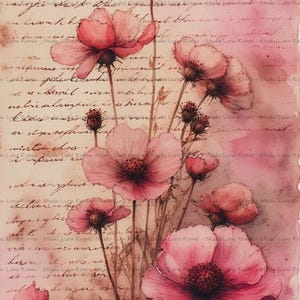 May include: Watercolor painting of pink cosmos flowers with dark centers and slender stems. The flowers are set against a backdrop of aged paper with faded script, creating a vintage aesthetic. The color palette is soft, with shades of pink and brown.
