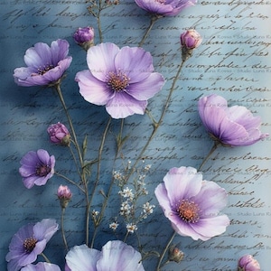 May include: A digital art print featuring a cluster of purple cosmos flowers with yellow centers and delicate buds. The flowers are set against a blue background with faded script, creating a vintage aesthetic.