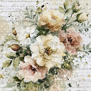 May include: A digital art print featuring a bouquet of cream, blush, and white flowers with green foliage. The background consists of a layered composition of vintage cursive handwriting, grid paper patterns, and beige polka dots with paint splatters.