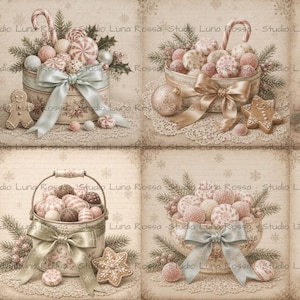 May include: A digital collage of six vintage-style Christmas illustrations featuring containers filled with candy, gingerbread cookies, pine branches, and ornaments. Each scene is decorated with satin bows in soft pastel tones on a beige background.