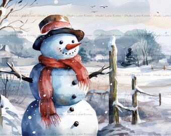 Winter Landscape Snowman Rice Paper A4, Country Snowman Decoupage Paper, Rustic Farmhouse Christmas Art, Scenic Holiday Junk Journal Supply