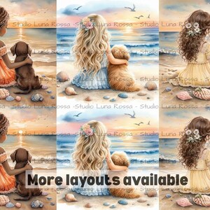 May include: A digital art print featuring six illustrations of children sitting on a sandy beach with dogs, looking out at the ocean during sunset. Each scene includes seashells on the sand and birds in the sky. The text More layouts available is visible.