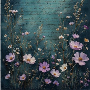 May include: An artistic digital print featuring a teal background with faded script and delicate wildflowers. The image showcases white and purple cosmos flowers and small white blossoms, creating a serene, vintage aesthetic.