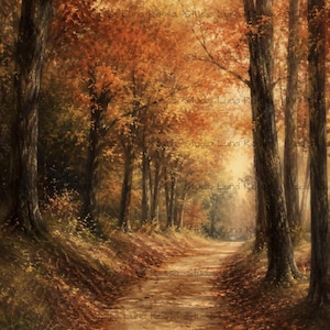 May include: A digital painting of a forest path during autumn, featuring tall trees with dense foliage in shades of orange, red, and brown. A dirt trail winds through the center, illuminated by soft, warm light filtering through the canopy.