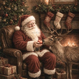 May include: Santa Claus with a white beard and red suit sits in a brown leather armchair, offering a red apple to a reindeer. A decorated Christmas tree, wrapped gifts, a fireplace with stockings, and a framed winter landscape painting are visible.