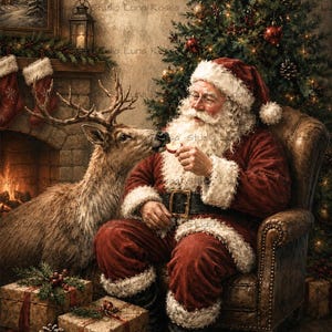 May include: A digital illustration of Santa Claus in a red suit with white fur trim sitting in a brown leather armchair, feeding a slice of apple to a reindeer. A decorated Christmas tree, a fireplace with stockings, and gifts are visible.