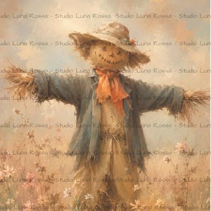May include: A painting of a scarecrow with a stitched face, wearing a wide-brimmed hat, a blue jacket, and an orange scarf, standing in a field of flowers and pumpkins. The text Studio Luna Rossa is repeated across the image surface.