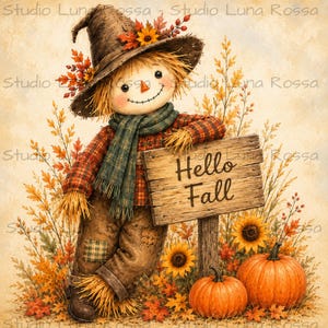 May include: A scarecrow wearing a brown hat with autumn leaves, a plaid shirt, and a green scarf, leaning against a wooden sign that reads Hello Fall. Two orange pumpkins sit at the base, surrounded by sunflowers and fall foliage.