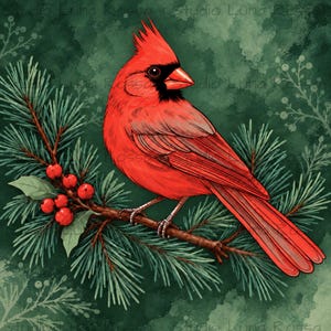 Evergreen Cardinal Fabric Panel, Berries & Pinecones Red Bird Quilt Panel, Winter Botanical Fabric Square, Holiday Craft Sewing Quilt Block