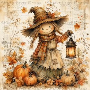 May include: A watercolor-style illustration of a scarecrow figure wearing a wide-brimmed hat and a plaid scarf, holding a lit lantern. The figure is surrounded by orange pumpkins and autumn leaves against a background with faint script text.