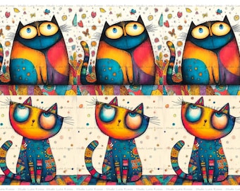 Folk Art Cat Decoupage Rice Paper A4, Colorful Whimsical Cats, Mulberry Paper