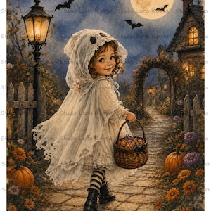 Ghost Girl Decoupage Rice Paper A4, Halloween Toddler Craft Sheet, Pumpkin Patch Spooky Cottage Decoupage Paper, Vintage Lace Ghost Costume