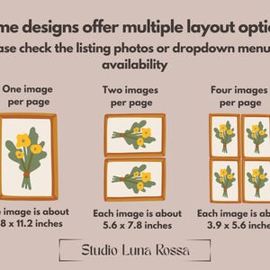 K&ouml;nnte beinhalten: Eine informative Grafik mit dem Titel Studio Luna Rossa, die drei Layout-Optionen f&uuml;r Blumendrucke zeigt. Sie zeigt ein Bild pro Seite mit 19,8 x 28,4 cm, zwei Bilder pro Seite mit 14,2 x 19,8 cm und vier Bilder pro Seite mit 9,9 x 14,2 cm.