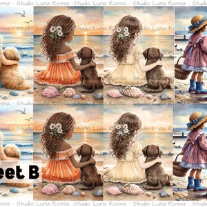 K&ouml;nnte beinhalten: Ein digitales Collage-Blatt mit der Beschriftung Sheet B, das acht Illustrationen von Kindern mit Hunden an einem Strand bei Sonnenuntergang zeigt. Die Szenen zeigen Kinder mit langem Haar und verschiedenen Kleidern, die bei Hunden sitzen.