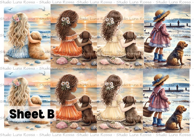K&ouml;nnte beinhalten: Ein digitales Collage-Blatt mit der Beschriftung Sheet B, das acht Illustrationen von Kindern mit Hunden an einem Strand bei Sonnenuntergang zeigt. Die Szenen zeigen Kinder mit langem Haar und verschiedenen Kleidern, die bei Hunden sitzen.