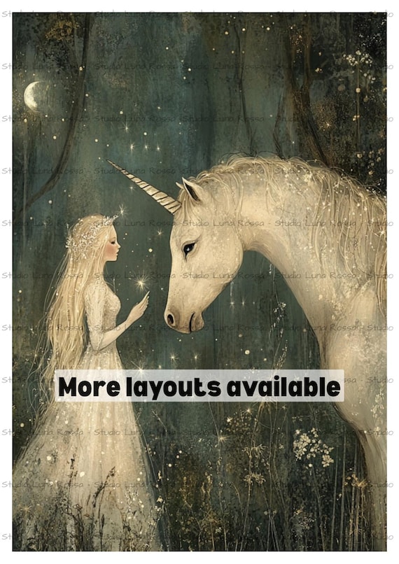 Magical Unicorn Rice Paper A4, Vintage Fairy Tale Decoupage Sheet, Mystical Forest Maiden & White Unicorn, Fantasy Dark Forest Craft Paper