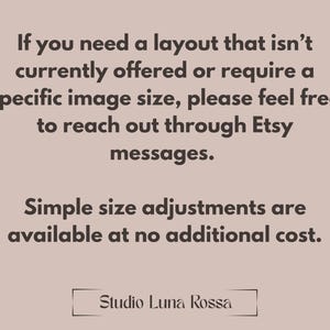 Puede incluir: Fondo beige con texto marr&oacute;n oscuro. El texto dice: "Si necesita un dise&ntilde;o que no se ofrezca actualmente o requiere un tama&ntilde;o de imagen espec&iacute;fico, no dude en comunicarse a trav&eacute;s de los mensajes de Etsy. Los ajustes de tama&ntilde;o simples est&aacute;n disponibles sin costo adicional. Studio Luna Rossa."
